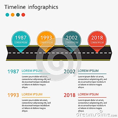 Timeline infographics template with arrow from asphalt road and map pointers. Vector illustration Vector Illustration